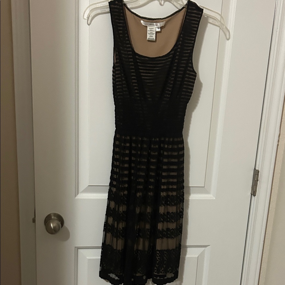 Studio M Black Sheer-Striped Midi Dress with Nude Lining Accents